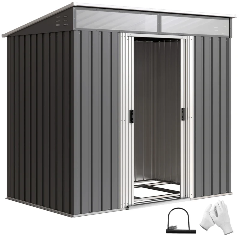 Casetta da Giardino Porta Attrezzi in Acciaio Zincato Grigio con 4 Finestre e 2 Ganci Robusta per Esterno 195x122x181.5 cm