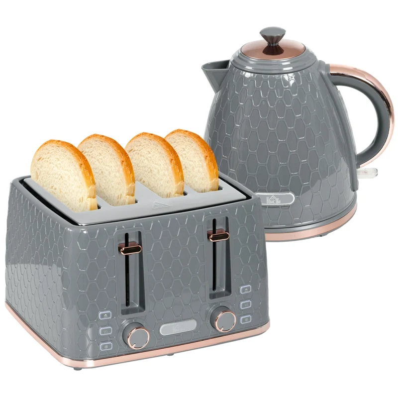 Set Colazione 2 in 1 Tostapane 4 Fette e Bollitore Elettrico 1,7L in Plastica Grigio per Cucina Pratico