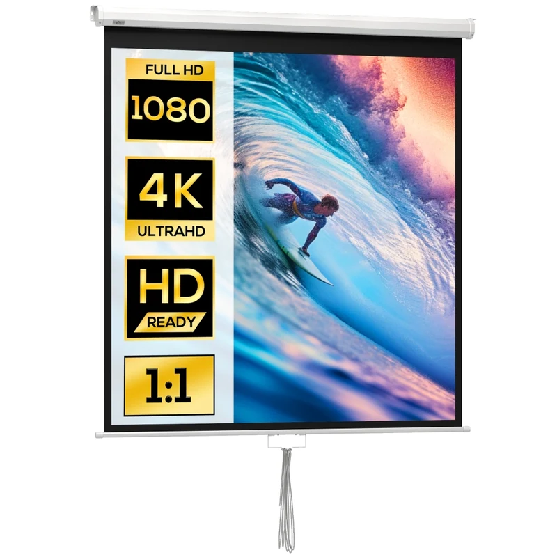 Schermo per Proiettore 152 x 152 cm 85 Pollici 1:1 HD 4K Avvolgibile da Parete e Soffitto per Home Cinema e Ufficio