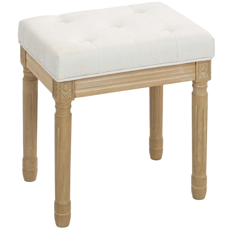 Sgabello Poggiapiedi Imbottito in Lino con Gambe in Legno Panca da Salotto 42 x 32 x 46,5 cm Beige Robusto e Compatto per Casa