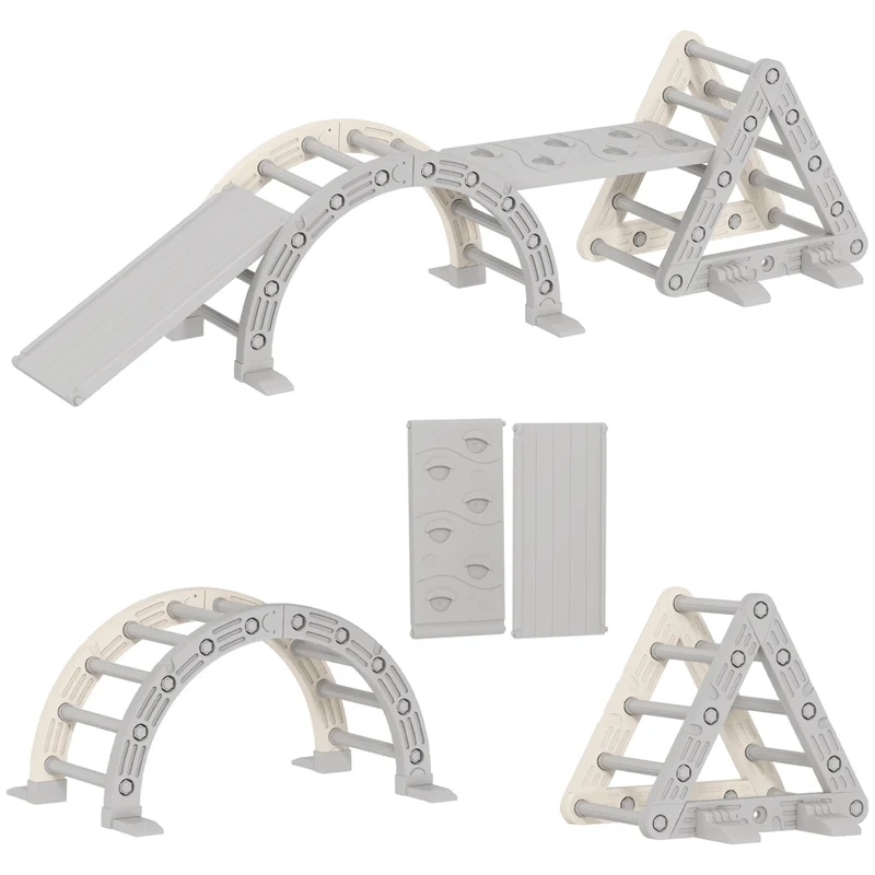 Set Triangolo da Arrampicata per Bambini 8 in 1 con Arco e Rampa Scivolo in HDPE Grigio 279 x 80 x 69 cm