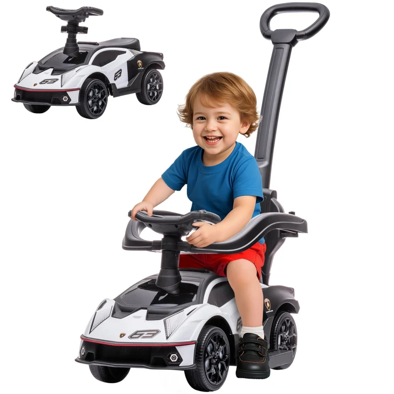 Macchina Cavalcabile per Bambini 1-3 Anni con Maniglione Volante e Clacson, Pratico Primi Passi Multifunzionale Bianco
