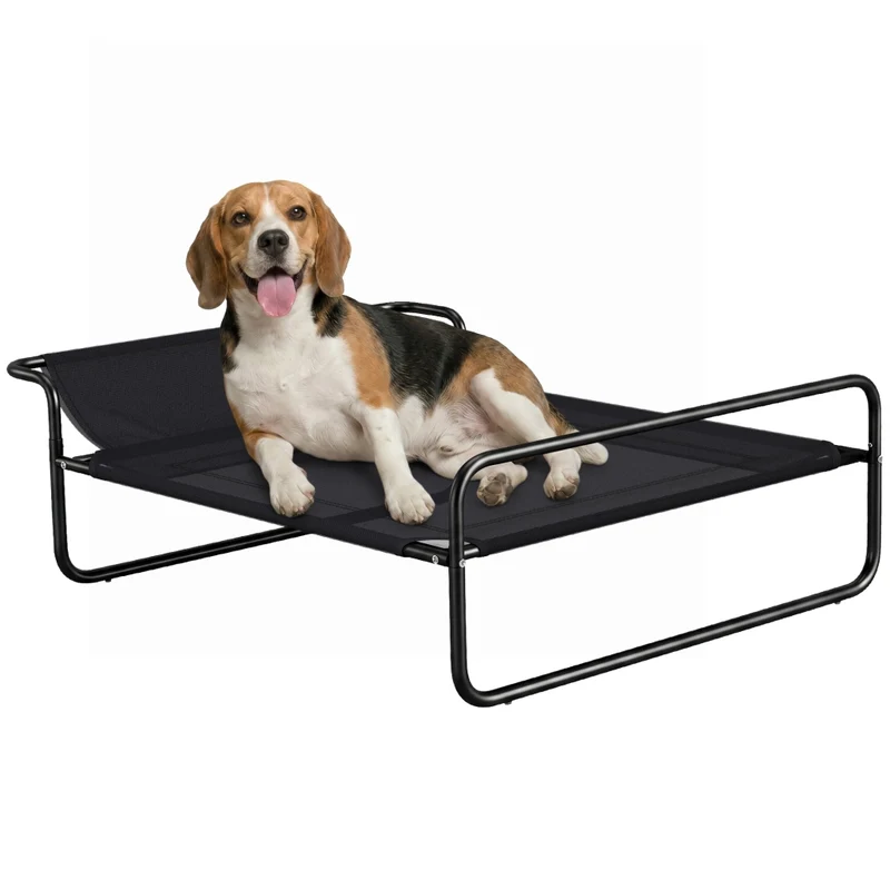 Lettino rialzato per cani con poggiatesta in textilene microforato traspirante cuccia da interno e giardino 91 x 69 x 29 cm nero