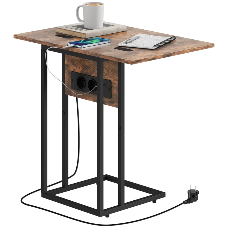 Tavolino da salotto pieghevole a C con stazione di ricarica USB in metallo per divano letto 39 x 29 x 57 cm marrone