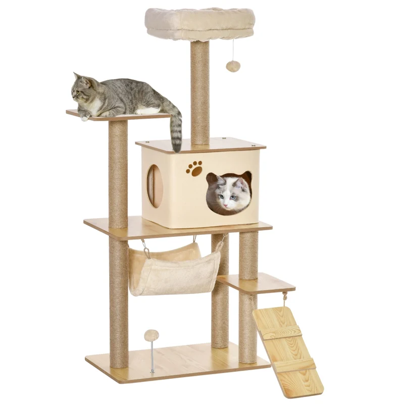 Albero tiragraffi per gatti con cuccia amaca scaletta e pali in juta torre multifunzionale per casa giallo 60x40x130cm