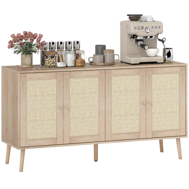 Madia buffet per soggiorno con ante in cannage mobile contenitore ripiani regolabili effetto legno naturale 140 x 40 x 75 cm