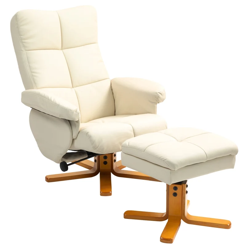 Poltrona relax con pouf reclinabile 145° girevole 360° in similpelle bianco crema, design moderno ed ergonomico per soggiorno