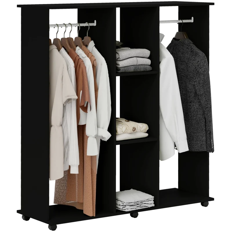 Armadio Guardaroba Mobile in Legno Nero con 6 Ruote e 3 Ripiani Stand Appendiabiti per Camera 120L x 40l x 128H cm