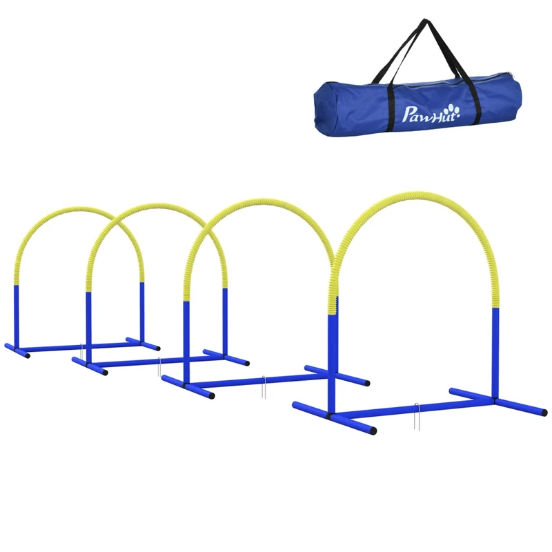 Set Agility per Cani con 4 Archi Percorso Addestramento e Borsa di Trasporto Blu e Giallo 88 x 64 x 95cm