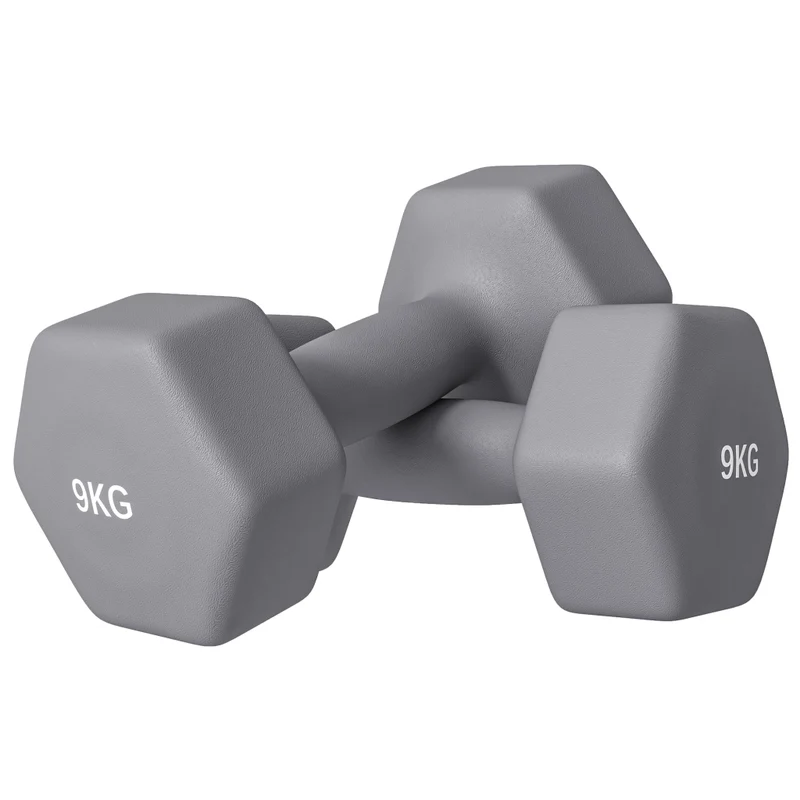 Set 2 Manubri Esagonali da 9 kg in Metallo e Plastica, Pesi Palestra con Impugnatura Antiscivolo per Casa, 25x11x11cm, Grigio