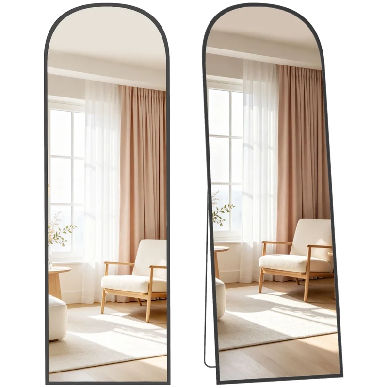 Specchio da terra a figura intera ad arco 50 cm x 1,5 cm x 170 cm, cornice in lega di alluminio nero, autoportante o da parete