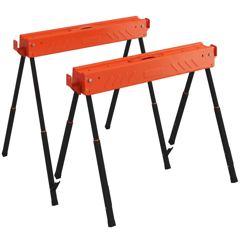 Sägeböcke im Doppelpack, klappbare Werkbank-Sägeböcke mit höhenverstellbaren Beinen, 2x4 Halterung, Tragegriff, Orange