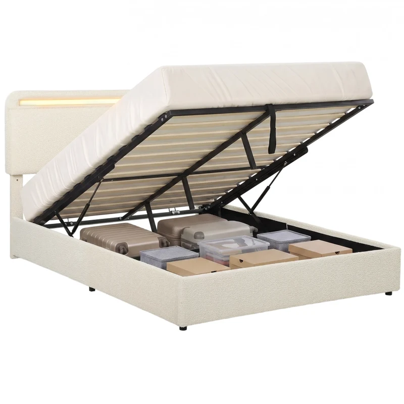 Lit Coffre 160 x 200 cm, LED RGB, Tête Réglable, Cadre de Lit Double Rembourré Velours, Rangement Hydraulique, Crème
