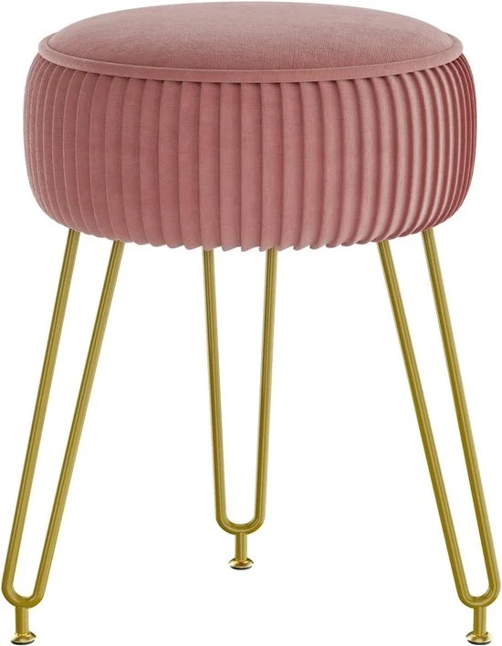 Sedia da trucco rotonda con gambe in acciaio dorato e fodera in velluto rosso.