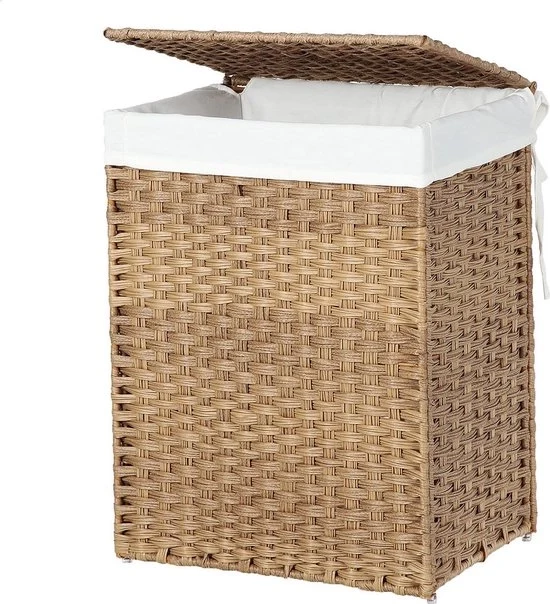 Handgeweven wasmand met deksel - Riet - Rechthoek - Gevlochten - 46x33x60cm