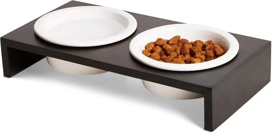 Alimentatore Elevato per Gatti - Ergonomico - 1 Pezzo - Nero - Ceramica e Legno