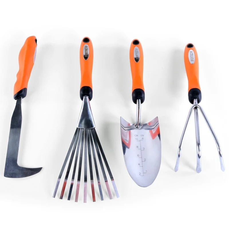 B-WARE Set di 4 attrezzi da giardino a mano FUXTEC raschietto, artiglioa 3 denti, rastrello e paletta