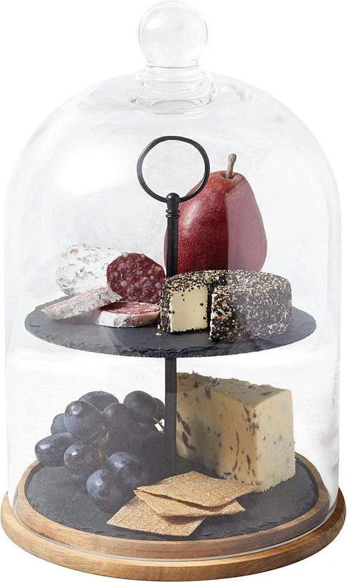 Display per servire torte 2 in strati, copertura per display alimentare, supporto per le stoviglie in legno, 22 x 31 cm, vetro trasparente, nero.