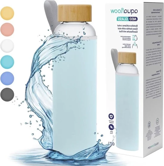 Bottiglia trasparente in vetro con guanto in neoprene - Ideale per ufficio e all'aperto - 700 ml - Blu chiaro
