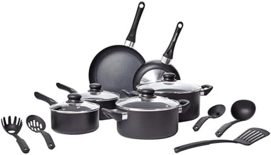 Set di cottura completo con rivestimento antiscivolo - 15 pezzi di pentola - nero