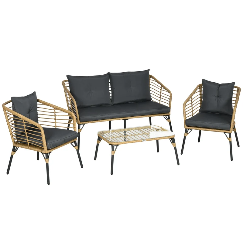 Set da Giardino 4 Pezzi con 2 Sedie Divano e Tavolino in Rattan PE e Acciaio Marrone Nero e Grigio