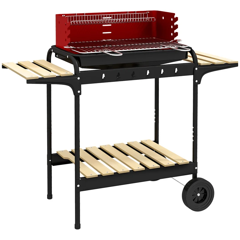 Barbecue a Carbonella 103x47x95 cm con Griglia Regolabile e 3 Ripiani in Metallo e Legno Rosso