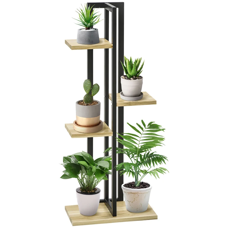 Portapiante a 4 Ripiani in Stile Industriale 45x25x110 cm in Legno di Abete e Metallo Nero