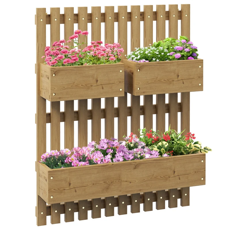 Fioriera Verticale a Doghe 60x16x80 cm con 3 Vasi Rimovibili in Legno di Abete Marrone Bruciato