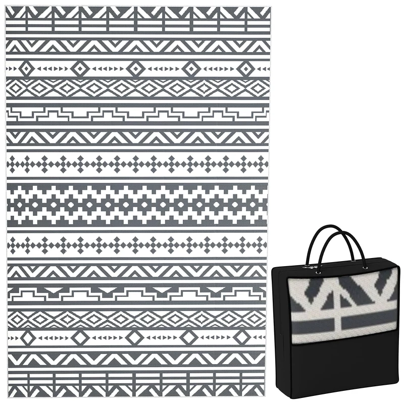Tappeto da Esterno Reversibile 182x274 cm con Motivo Geometrico e Borsa Inclusa Grigio e Bianco