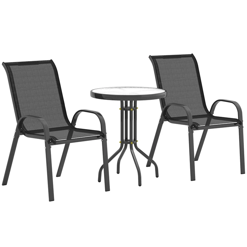 Set Salotto da Giardino 3 Pezzi con 2 Sedie e Tavolino Rotondo in Acciaio Nero