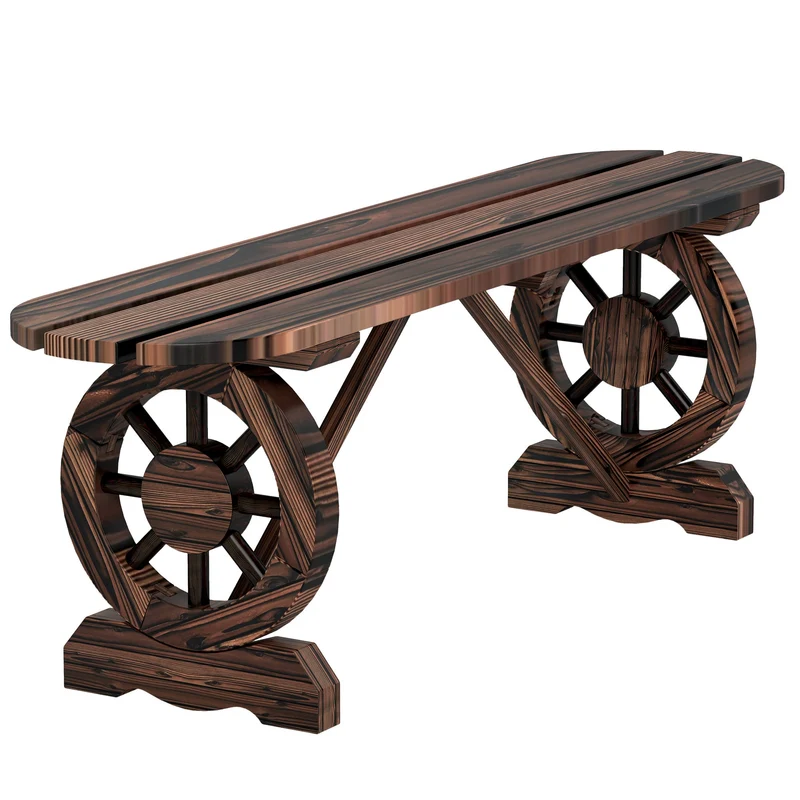 Panchina da Giardino 120x29x39 cm con Gambe a Ruota di Carro e Seduta a Doghe Marrone