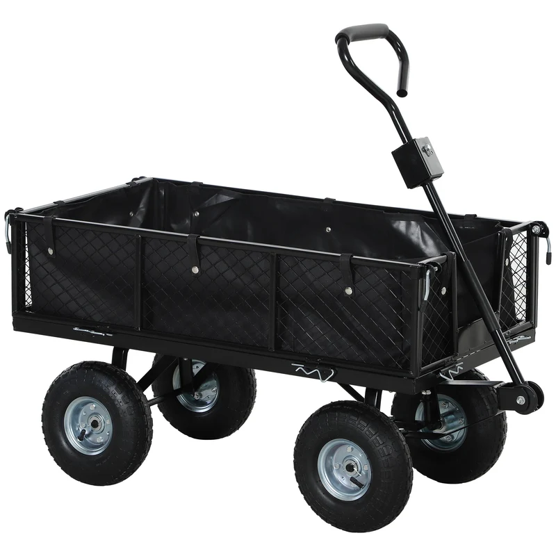 Carrello da Giardino 105x51x54 cm da 114L con Sacca Portaoggetti e Pareti Rimovibili in Acciaio Nero