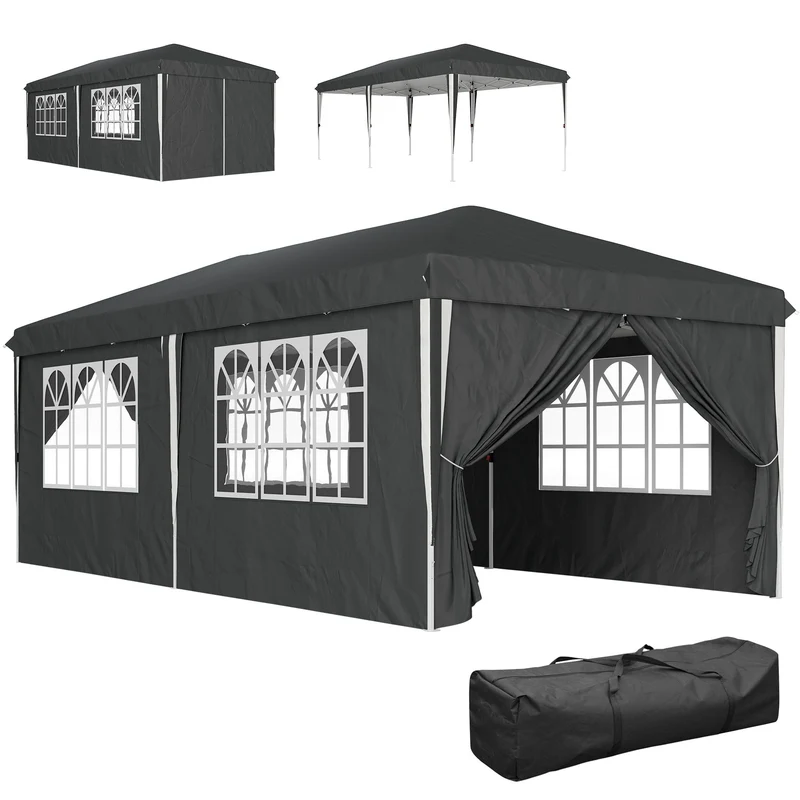 Gazebo da Giardino 596x300x270 cm per 12-18 Persone in Metallo e Tessuto Oxford Grigio