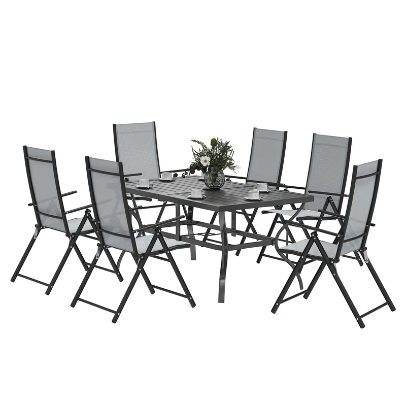 Set Salotto da Giardino 7 Pezzi con Tavolo da Pranzo con Foro per Ombrellone e 6 Sedie Pieghevoli Grigio