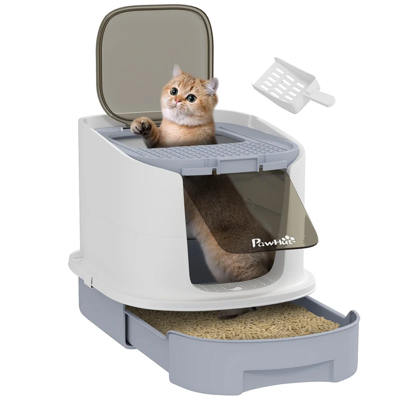 Lettiera per Gatti Chiusa 40,5x52,5x42,5 cm con 2 Porte e Vassoio Estraibile Grigio