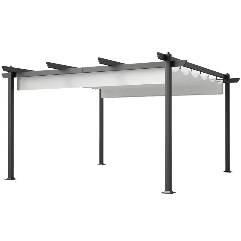 Gazebo da Giardino Pergola 390x390x223 cm con Tettuccio Retrattile 8 Viti e 8 Picchetti in Alluminio Poliestere e Metallo Bianco