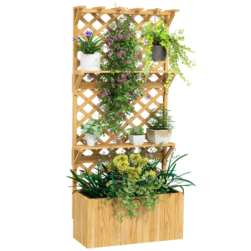 Fioriera Rettangolare con Traliccio per Piante Rampicanti 76x33x177 cm Fori di Drenaggio e 2 Mensole in Legno di Abete