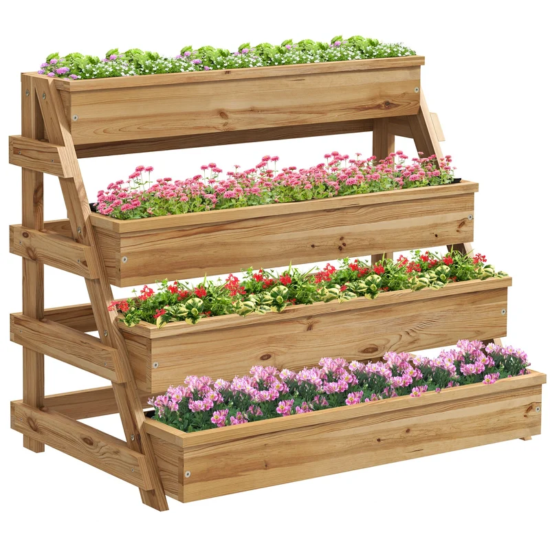Fioriera Rialzata a 4 Livelli 75x57x60,5 cm con Fori di Drenaggio e Tessuto non Tessuto in Legno di Abete