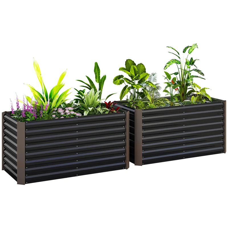 Set 2 Pezzi Aiuola Rettangolare Rialzata senza Fondo 120x60x60 cm in Acciaio Zincato Grigio Scuro