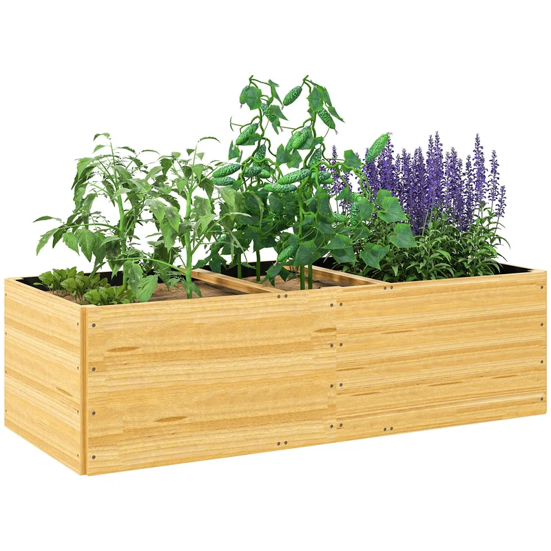 Fioriera Rettangolare 140x60x40 cm Divisa in 3 Aree con Strato in Tessuto non Tessuto in Legno di Abete