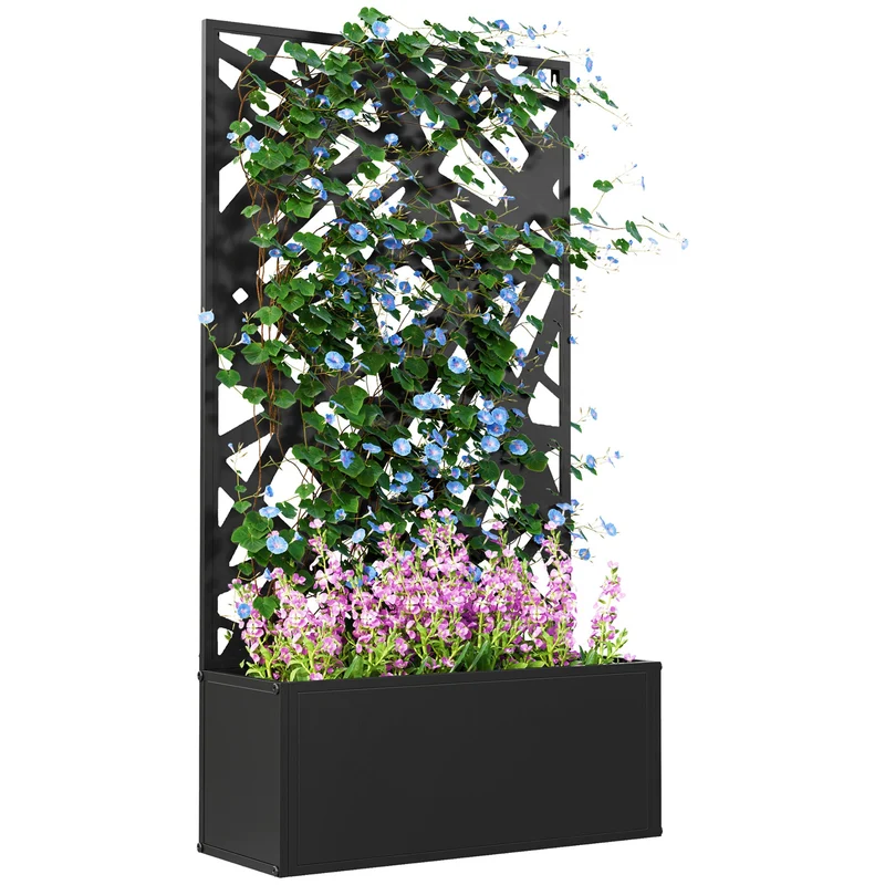 Fioriera Rettangolare con Traliccio per Piante Rampicanti 61x23x113 cm da Terra e Parete Nero