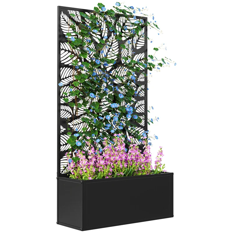 Fioriera Rettangolare con Traliccio Decorativo per Piante Rampicanti 61x23x113 cm da Terra e Parete Nero