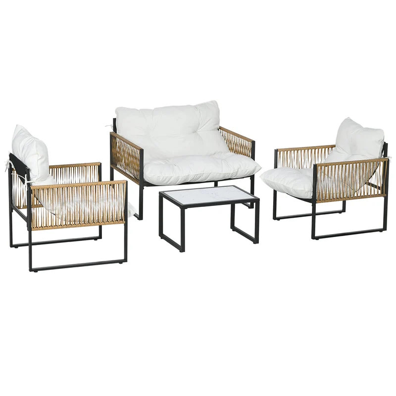 Set Salotto da Giardino 4 Pezzi con Divanetto, 2 Sedie e Tavolino da Caffè Nero Marrone e Crema