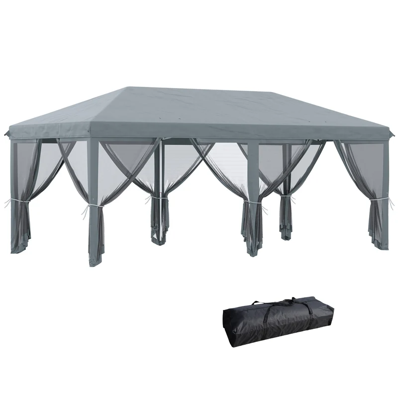 Gazebo da Giardino 600x300 cm Pieghevole con 6 Zanzariere e Pulsante in Acciaio e Poliestere Grigio