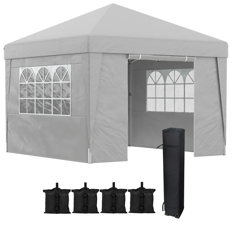 Gazebo da Giardino 300x300 cm Pieghevole ad Altezza Regolabile con Finestrelle in Acciaio e Tessuto Oxford Grigio Chiaro