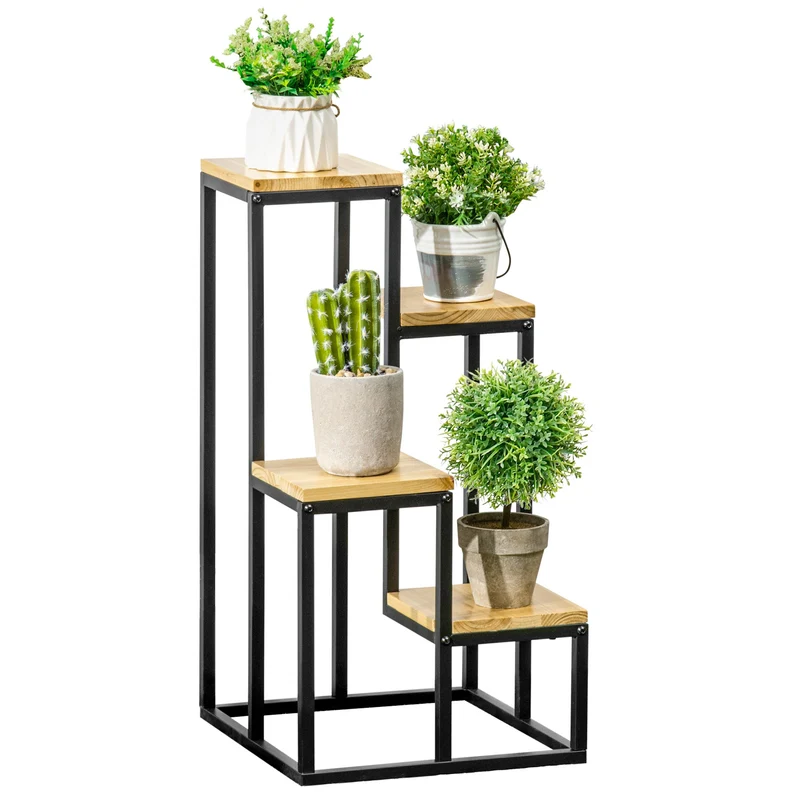 Scaffale per Piante a 4 Livelli 34x34x66 cm per Interni ed Esterni in Metallo e Legno