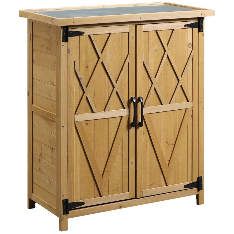 Armadio da Giardino 75x40x90 cm Porta Attrezzi con 2 Ante e 4 Scaffali Piano in Lamiera in Legno