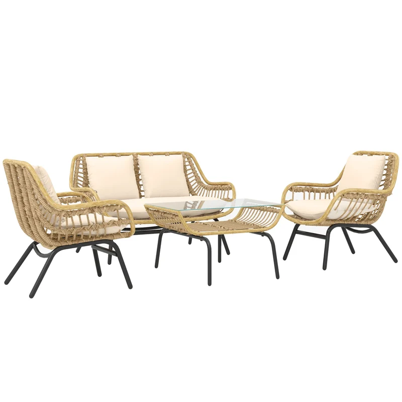Set Salotto da Giardino Divano 2 Poltrone e Tavolino in Rattan e PE Beige