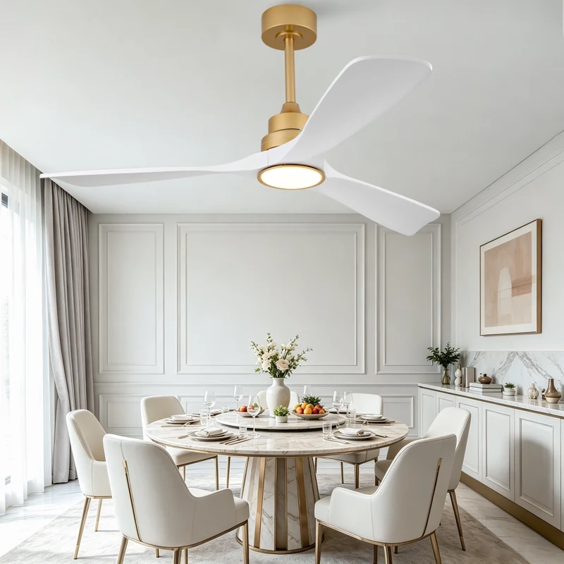 Ventilatore da soffitto 52" con luce LED dimmerabile, telecomando e pale in legno oro e bianco