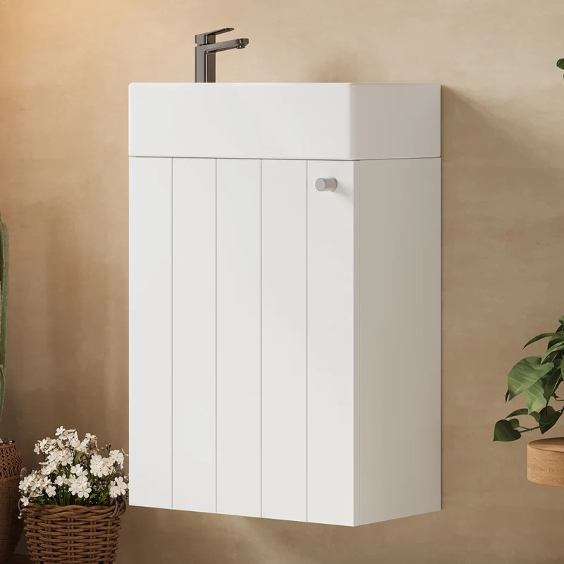 Mobile lavabo sospeso compatto 41x23x62,5 cm in MDF e ceramica bianco